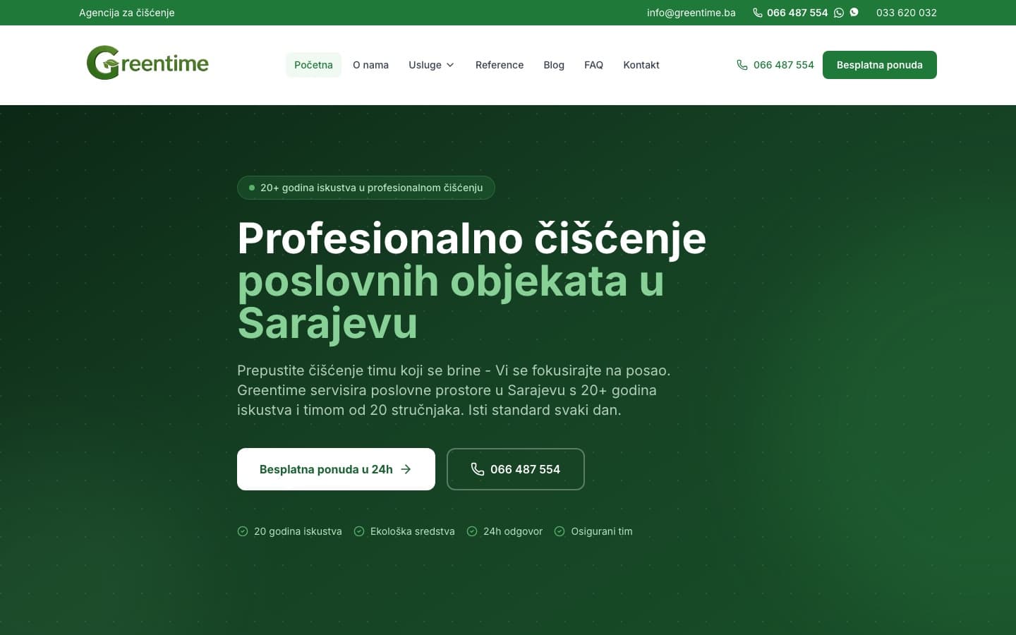 Screenshot sajta uslugaciscenja.ba, Greentime usluge čišćenja poslovnih objekata